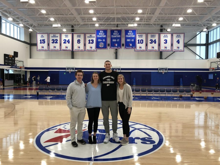 Editorial board members Patrick Dempsey, Elise Covert, and Brittany Willwerth with the 76ers Mike Muscala 13.